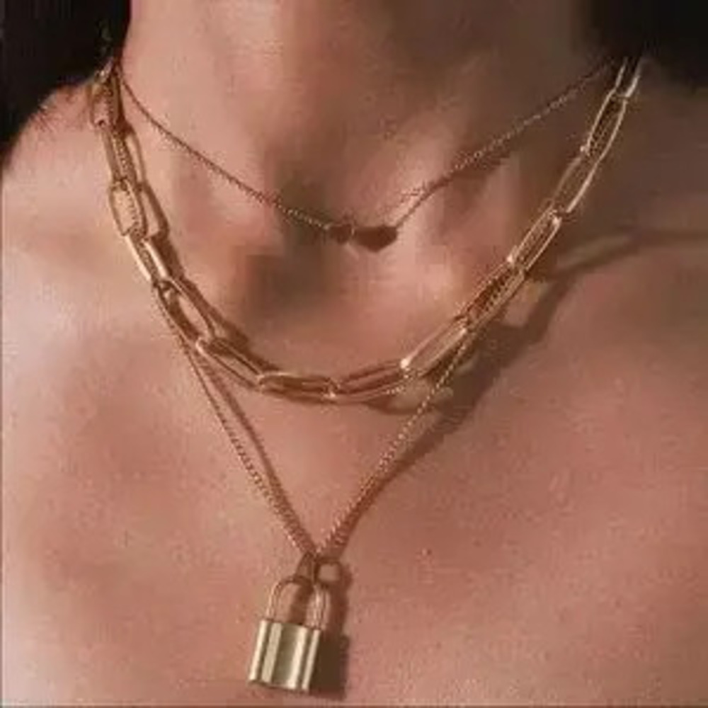 Gold Chunky Lock Necklace Statement